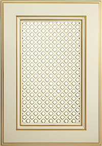 Мебельный фасад с декоративной решеткой «Афина плюс» из МДФ в ПВХ плёнке с патиной золото